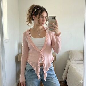 Vintage Y2K Laundry Shelli Segal 100% Cashmere Ruffle Cardigan Womens Small Pink